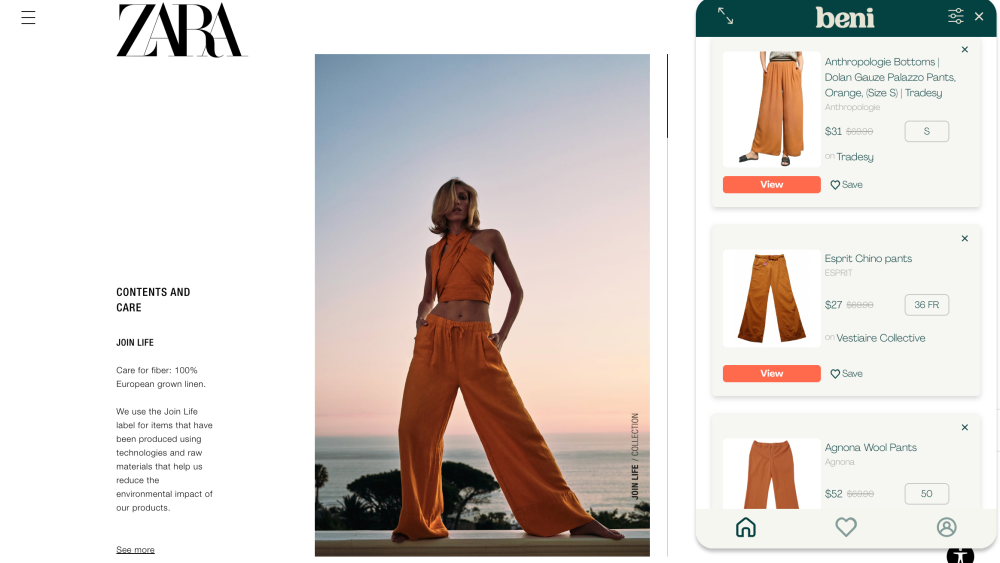A view of Zara shopping site where orange linen palazzo pants appear on model. To the right, a window sidebar shows resale alternatives from startup Beni.
